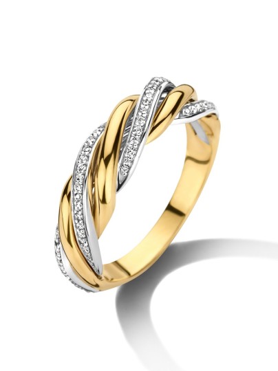 Bicolor ring met gedraaide band en diamant 0,22crt.