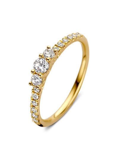 Geelgouden driesteens ring met diamant 0,46crt.