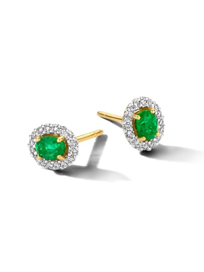 Bicolor entourage oorstekers met smaragd en briljant 0,12crt.