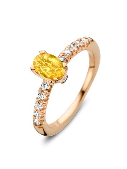 Roségouden entourage ring met gele saffier en briljant 0,54crt.