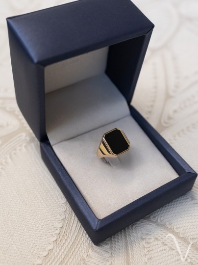 Vintage geelgouden herenring met onyx 8-hoekig
