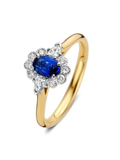 Bicolor entourage ring met briljant en saffier 0,31crt. Bicolor entourage ring met briljant en saffier 0,31crt.