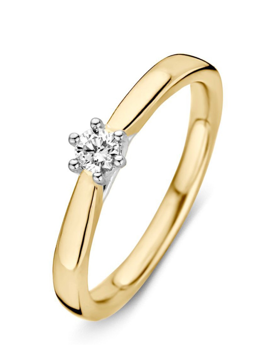 Bicolor gouden solitairring met 0,14crt. Bicolor gouden solitairring met 0,14crt.