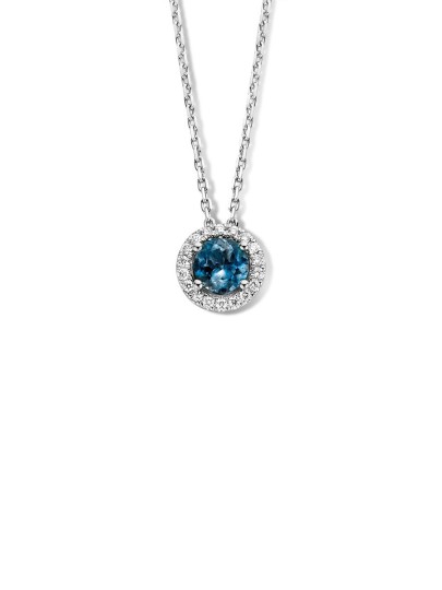 Witgouden collier met london blue topaas en briljant 0,21crt.