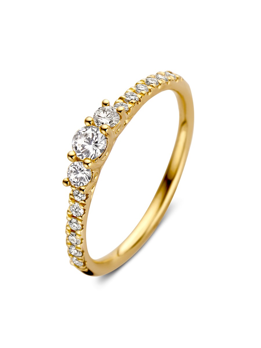 geelgouden driesteens ring met diamant 046crt