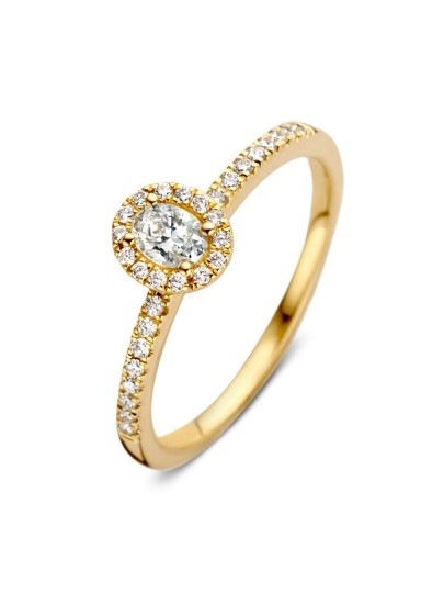 Geelgouden entourage ring met ovale diamant 0.40crt. Geelgouden entourage ring met ovale diamant 0.40crt.