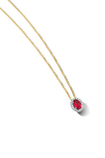 Geelgouden collier met entourage robijn en briljant