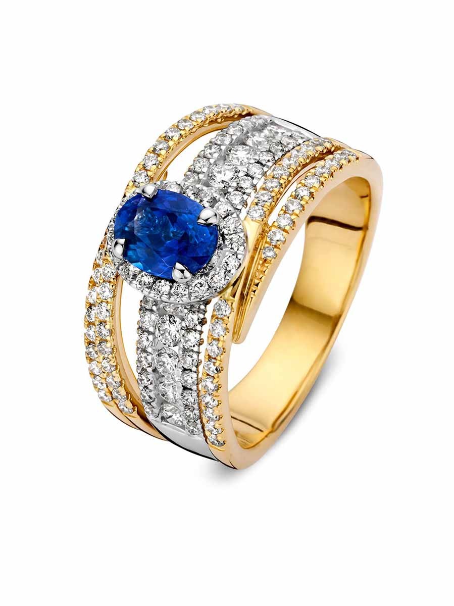 Brede bicolor ring met saffier en briljant Brede bicolor ring met saffier en briljant