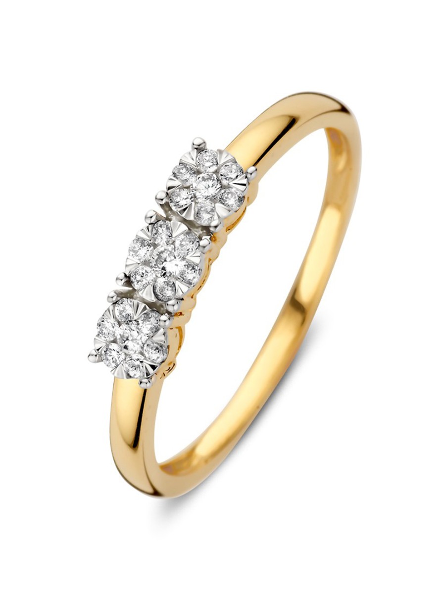 Geelgouden driesteens ring met briljant 0,18crt. Geelgouden driesteens ring met briljant 0,18crt.
