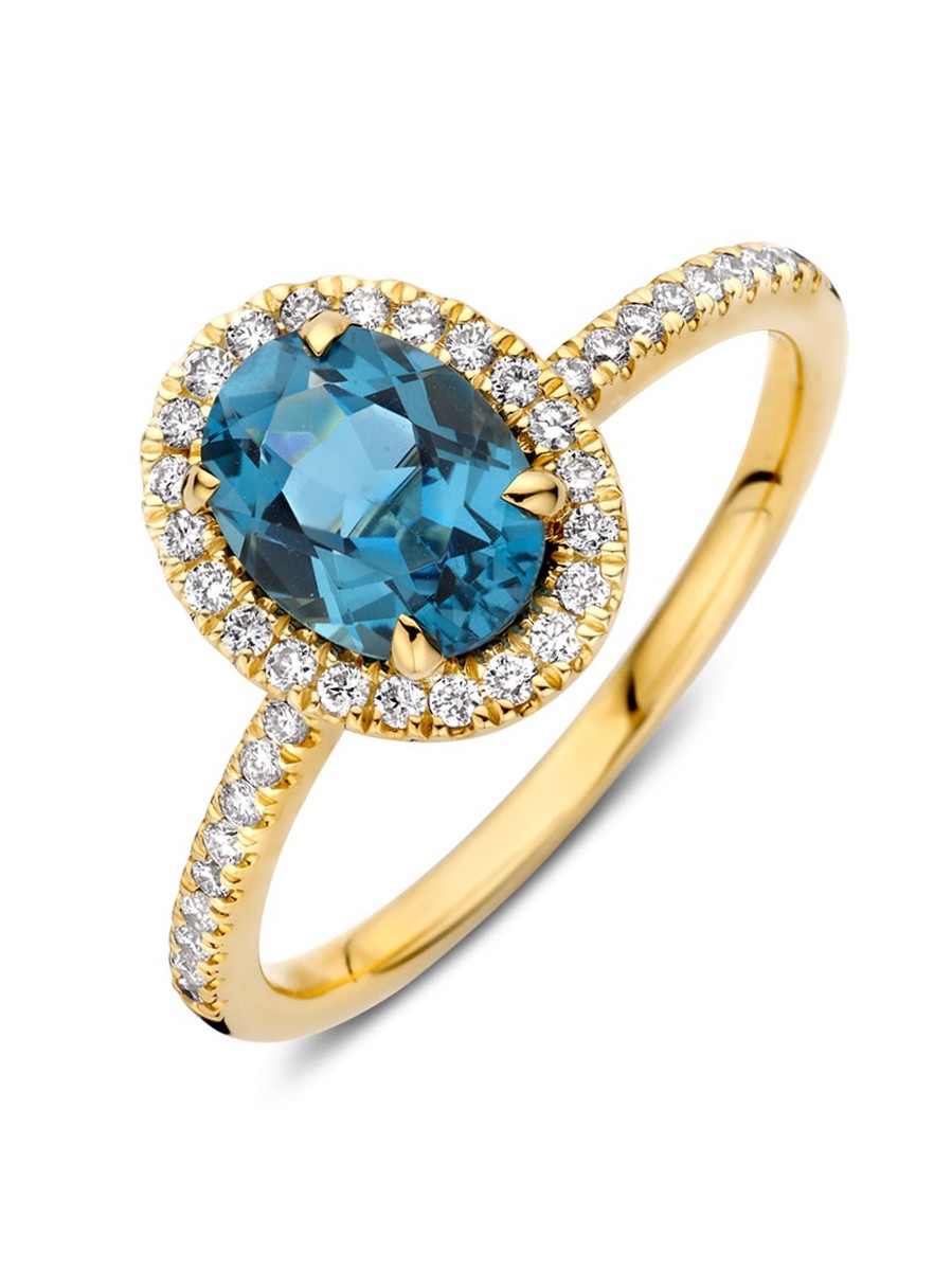 Geelgouden entourage ring met london blue topaas en diamant 0,24crt.