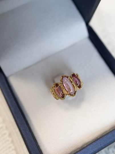 Vintage 14k ring geelgoud met roze toermalijnen