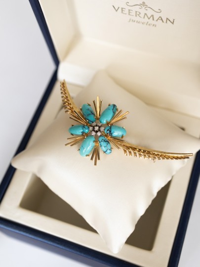 Vintage Geelgouden Broche Turquoise Diamant