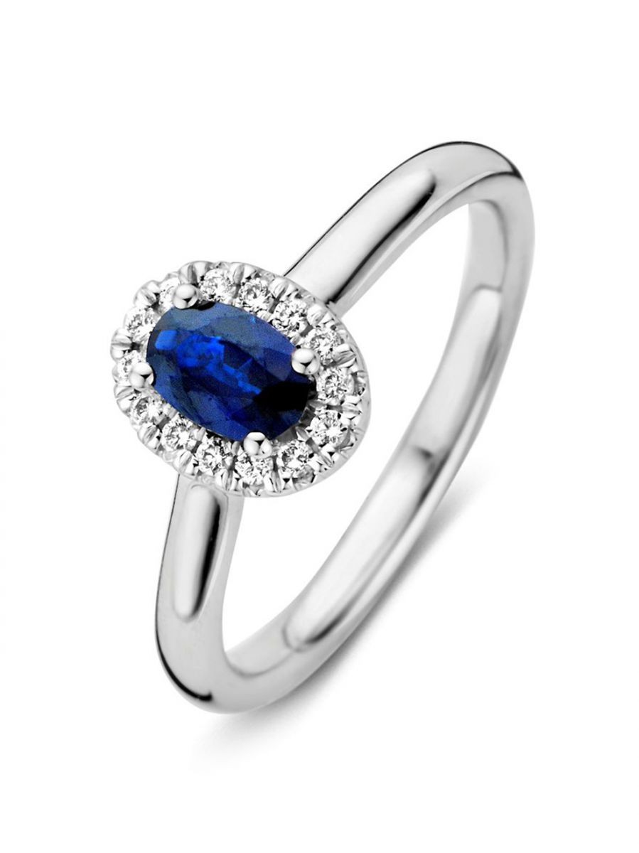 Witgouden entourage ring met briljant en saffier Witgouden entourage ring met briljant en saffier